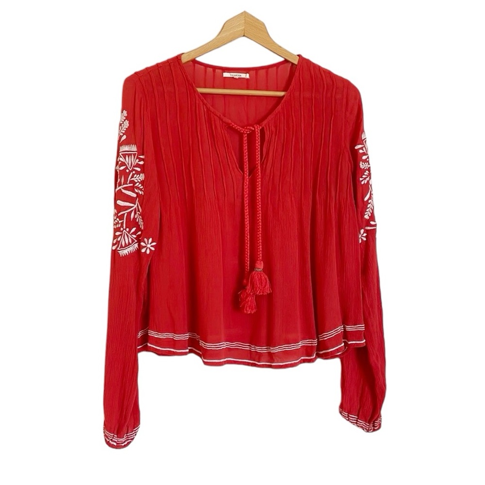 Tularosa Red White Embroidered Long Sleeve Tassel Boho Peasant Blouse size M